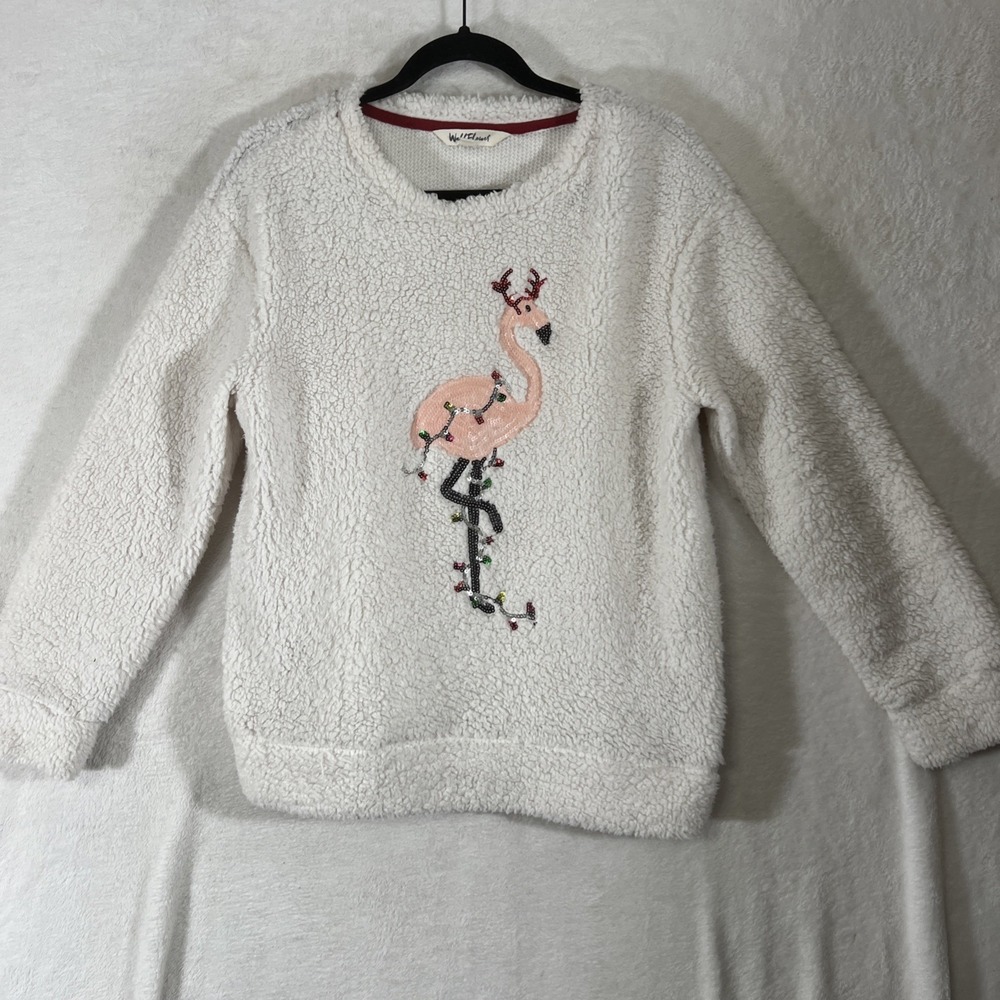 Wallflower Womens Christmas Holiday Flamingo Sequin Sherpa Fuzzy Sweater Large